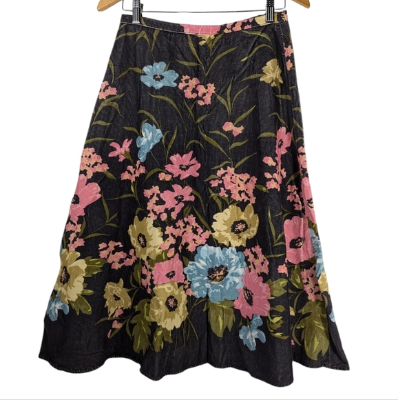 Y2K Anne Klein Floral Corduroy Cotton A-Line Full Charcoal Midi Skirt Size 4 - Picture 1 of 7